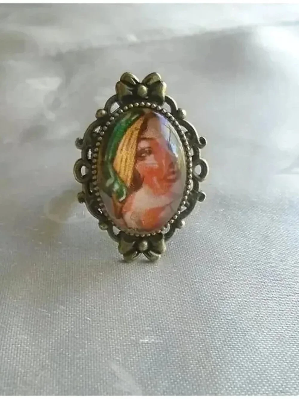 Flapper Ring Funky Artisan Jewelry with Adjustable Band - Bohemian Portrait Art